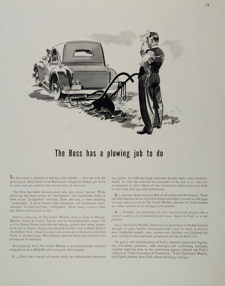1943 Ad Puck Comic Weekly Paper Advertising Car Plow - ORIGINAL WW2-1