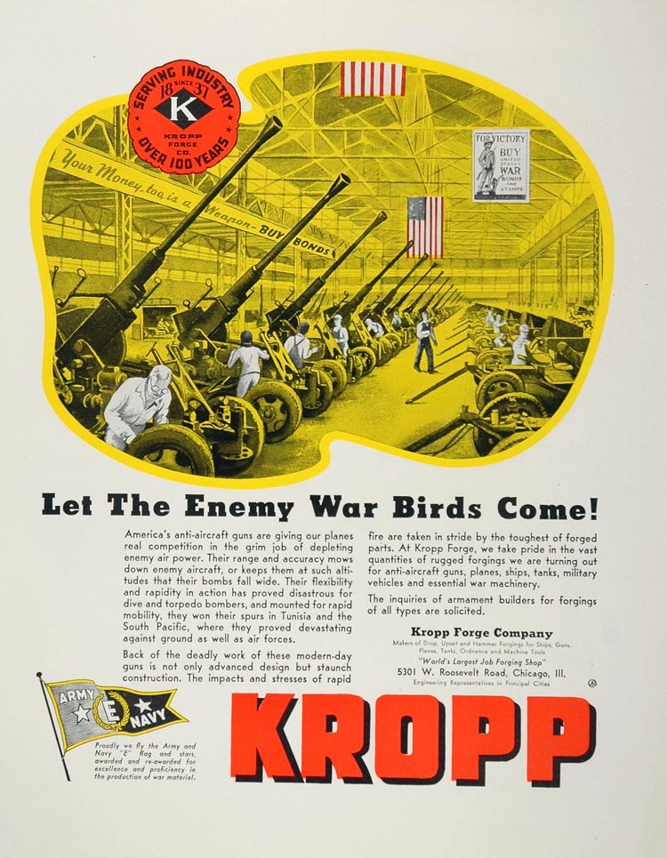 1943 Ad WWII Kropp Forge Anti-Aircraft Gun Assembly WW2 Wartime Weapons WW2-1