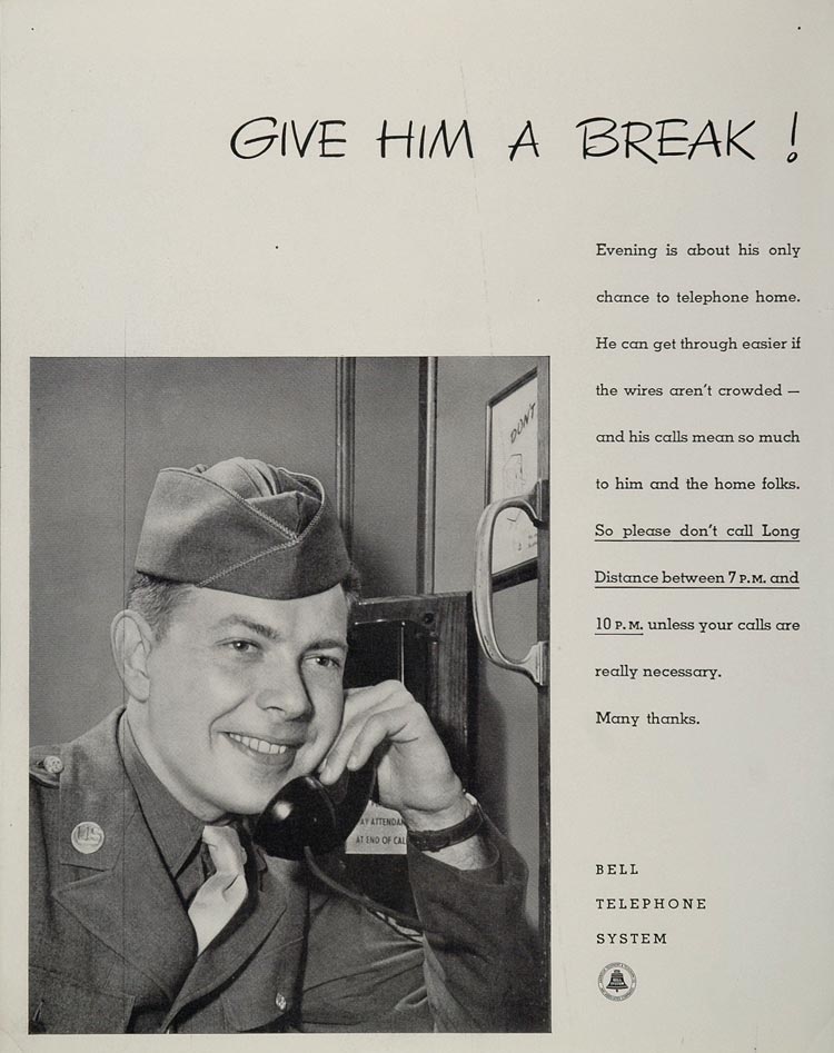 1943 Ad WWII Bell Telephone System Soldier Home Front Wartime WW2-1