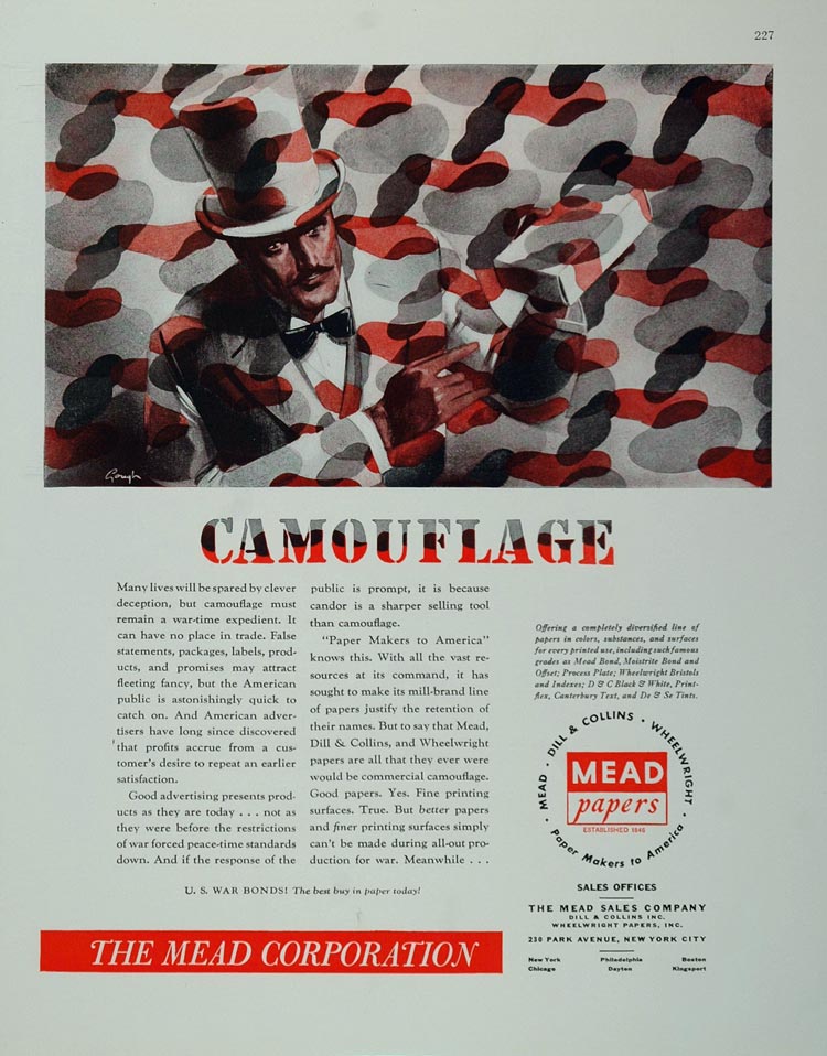 1943 WWII Ad Mead Papers Camouflage Advertising UNUSUAL Wartime Paper WW2-3