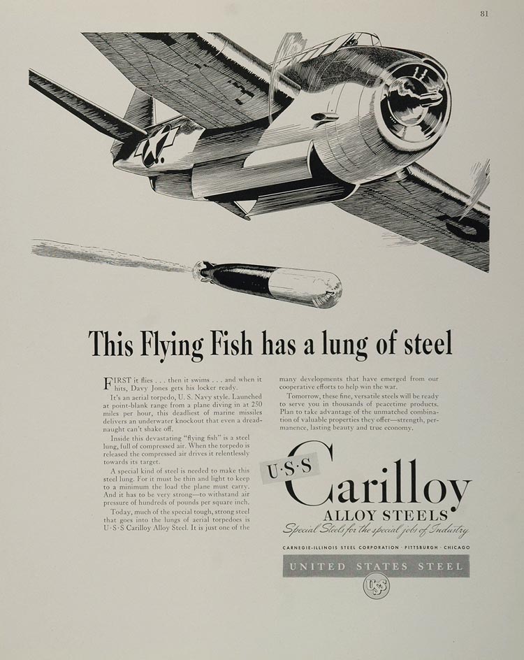 1943 Ad Carilloy Alloy Steel Flying Fish Aerial Torpedo - ORIGINAL WW2-3