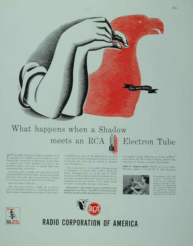 1943 Ad WWII RCA Radio Electron Tube Shadow Puppet WW2 Wartime Communication WW2