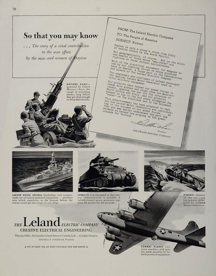1944 Ad WWII Leland Electric Fordham Bofor Gun PT Boat Wartime Electronics WW2