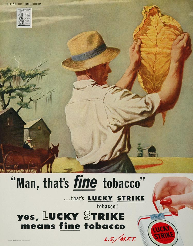 1944 Ad American Tobacco Lucky Strike Cigarette Smoking Crop Leaf Farmer WW2