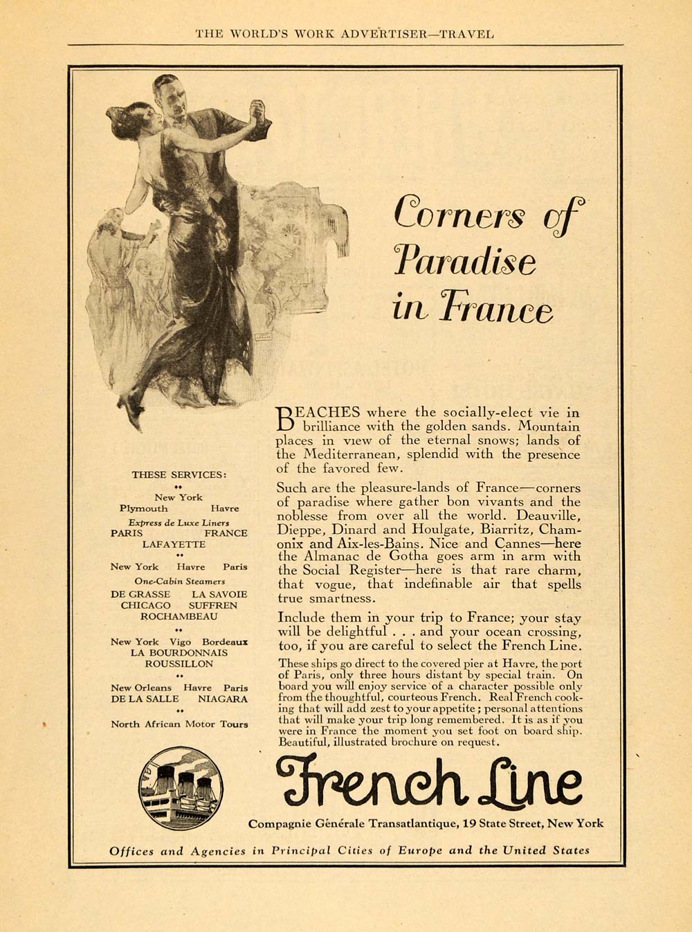 1924 Ad French Line Cruises Cannes Dinard Biarritz Nice - ORIGINAL WW3