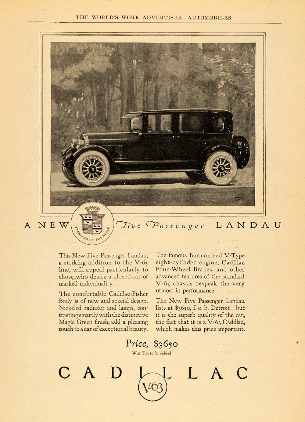 1924 Ad Antique Cadillac 5-Passenger Landau V63 Chassis - ORIGINAL WW3
