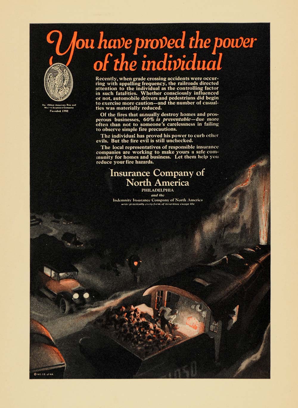 1924 Ad Insurance of North America Coal Mining PA - ORIGINAL ADVERTISING WW3