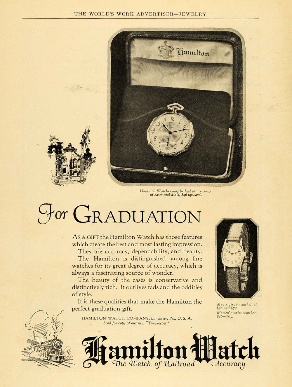 1924 Ad Hamilton Graduation Watch Models Railroad Exact - ORIGINAL WW3