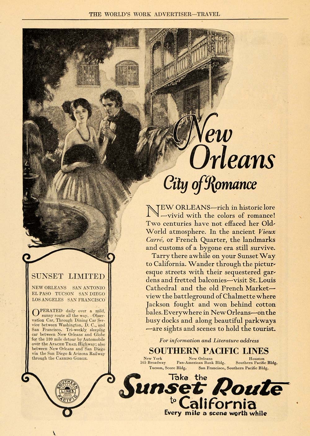 1922 Ad Southern Pacific Lines Sunset Route New Orleans - ORIGINAL WW3