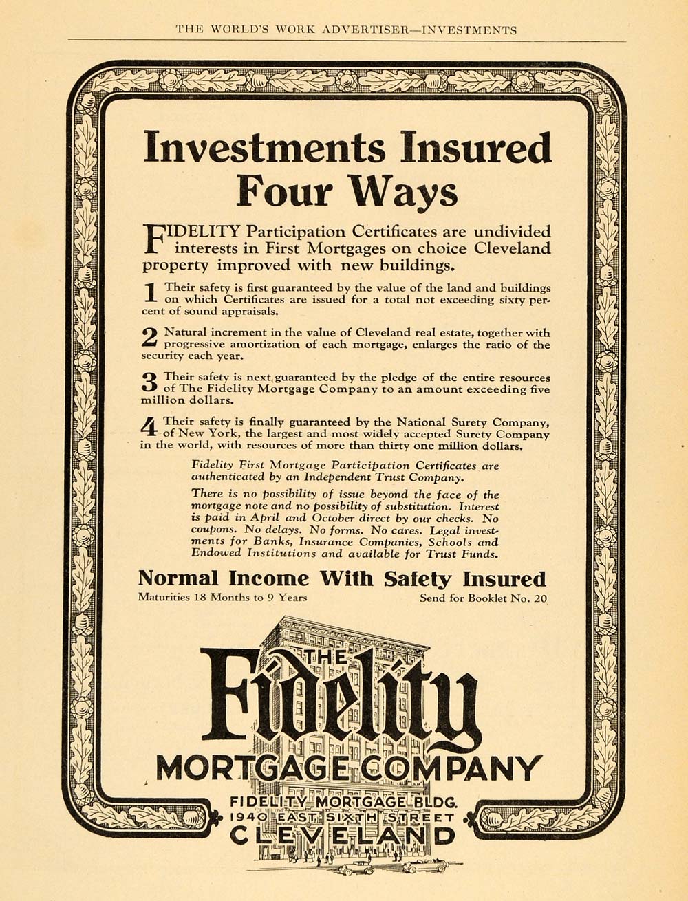 1924 Ad Fidelity Mortgage Cleveland Income Safety Book - ORIGINAL WW3