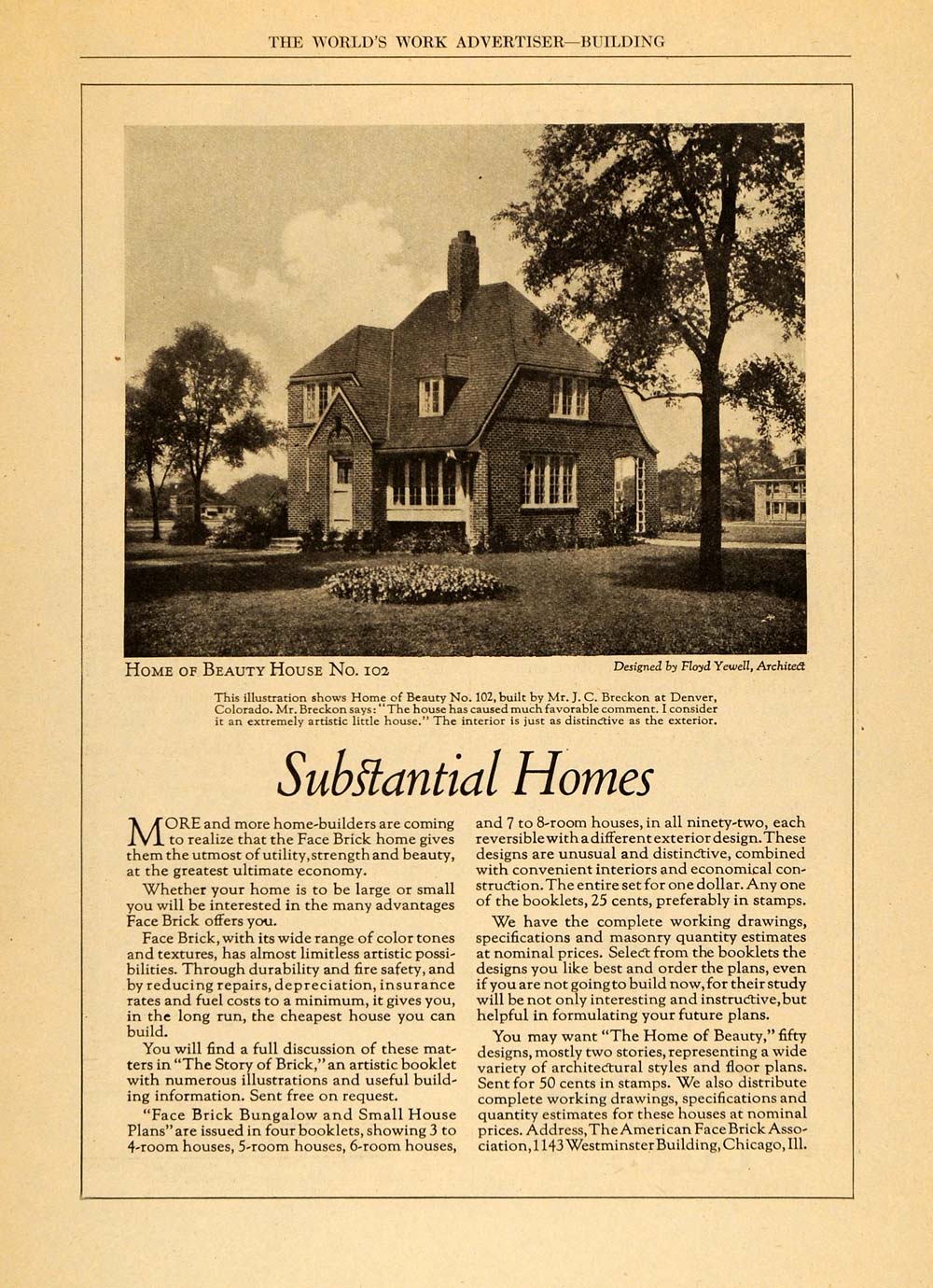 1922 Ad Home Floyd Yewell Breckon Denver Architect - ORIGINAL ADVERTISING WW3