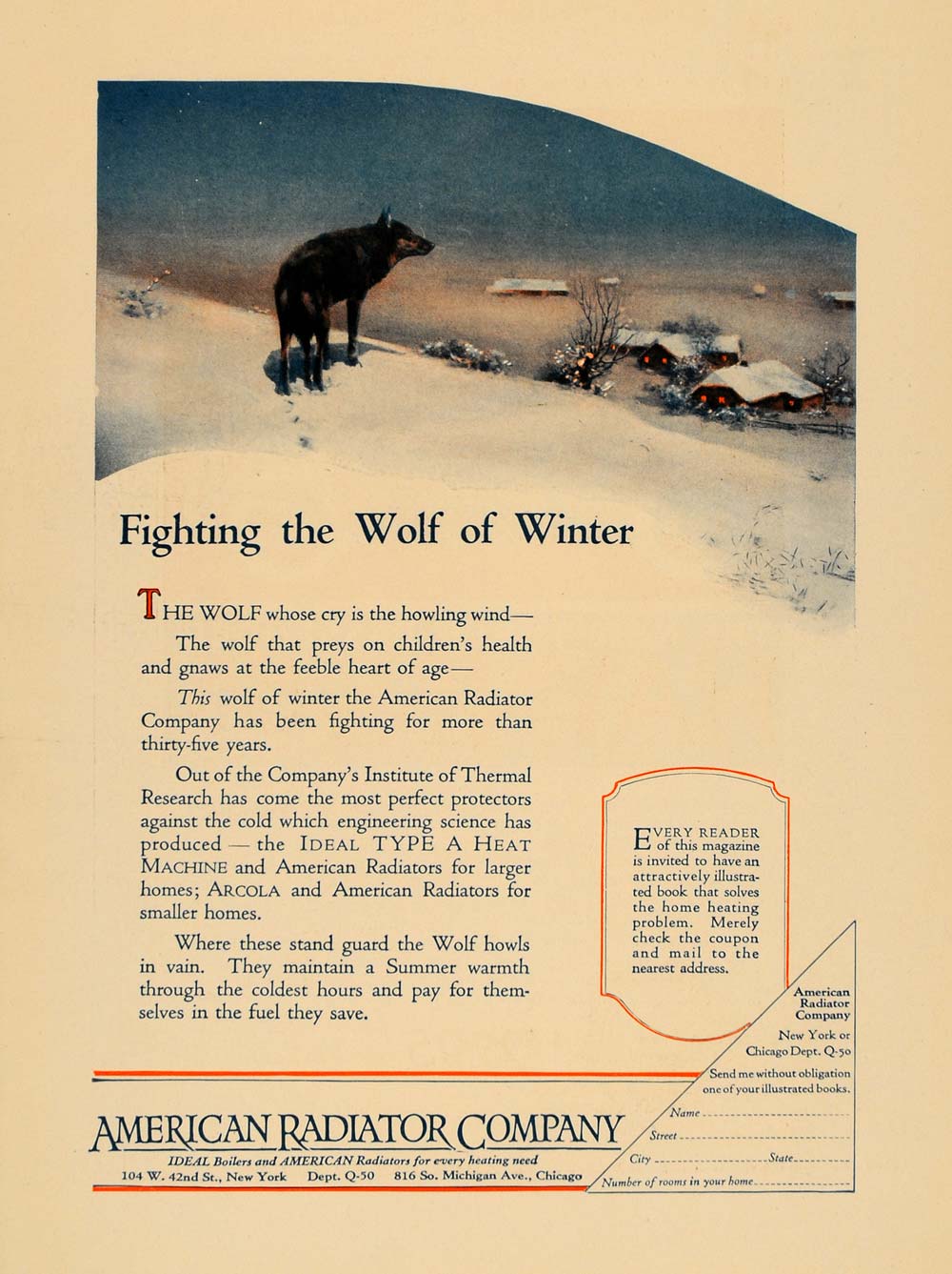 1922 Ad American Radiator Arcola Wolf Winter Snow Home - ORIGINAL WW3
