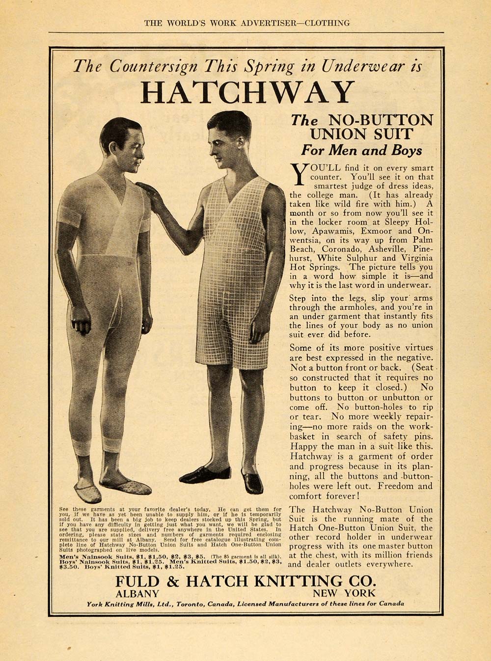 1922 Ad Fuld Hatch Knitting Albany Underwear College - ORIGINAL ADVERTISING WW3