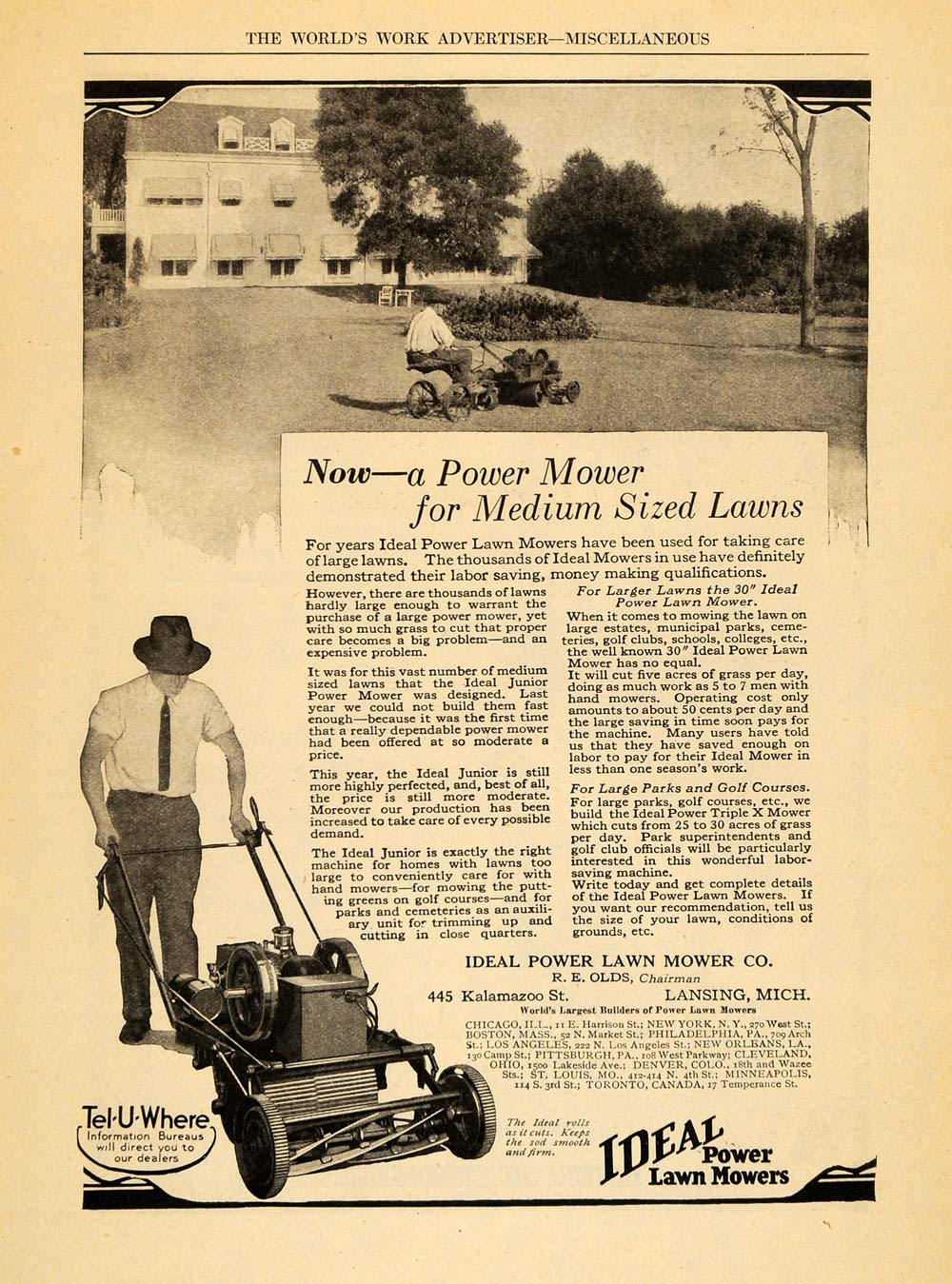 1922 Ad Ideal Power Lawn Mower Yard R. Olds Lansing - ORIGINAL ADVERTISING WW3