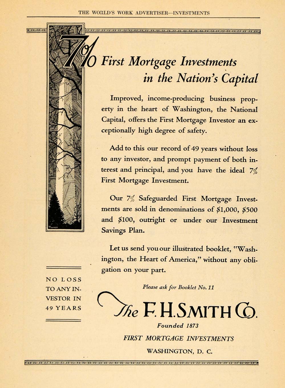 1922 Ad F. H. Smith Mortgage Investments Washington - ORIGINAL ADVERTISING WW3