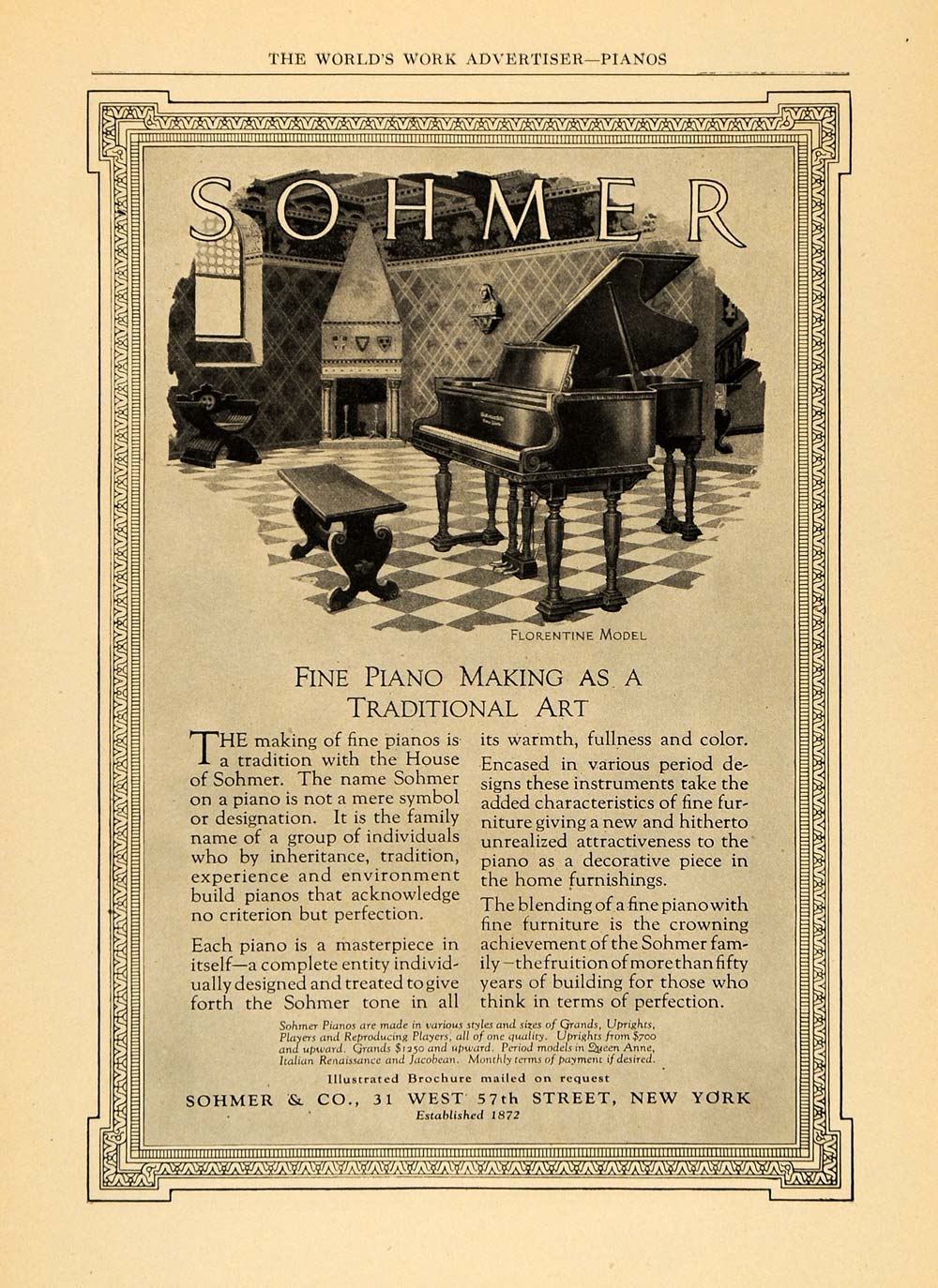 1924 Ad Sohmer Grand Piano Florentine Model Instrument - ORIGINAL WW3