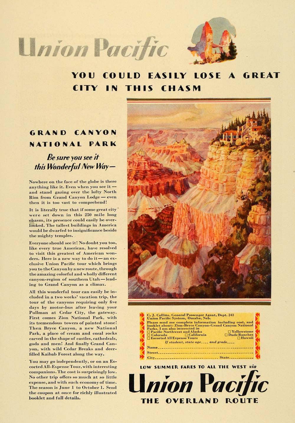 1929 Ad Union Pacific Railroad Grand Canyon Park Rail - ORIGINAL ADVERTISING WW3 - Period Paper
