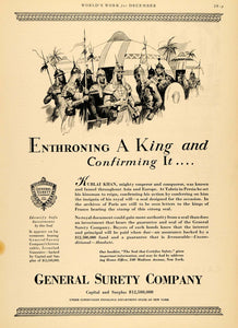1929 Ad General Surety Co. New York Kublai Khan King - ORIGINAL ADVERTISING WW3