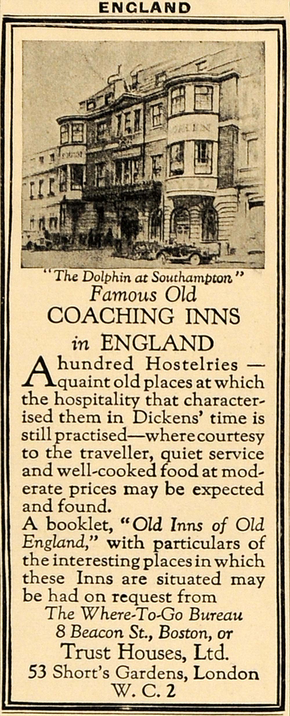 1930 Ad England Coaching Inns Dickens Hostelries Trust - ORIGINAL WW3