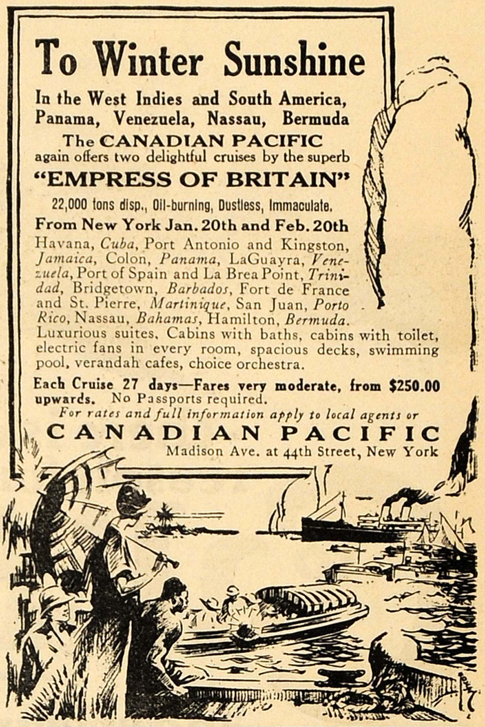 1922 Ad Canadian Pacific Winter Cruise Empress Britain - ORIGINAL WW3