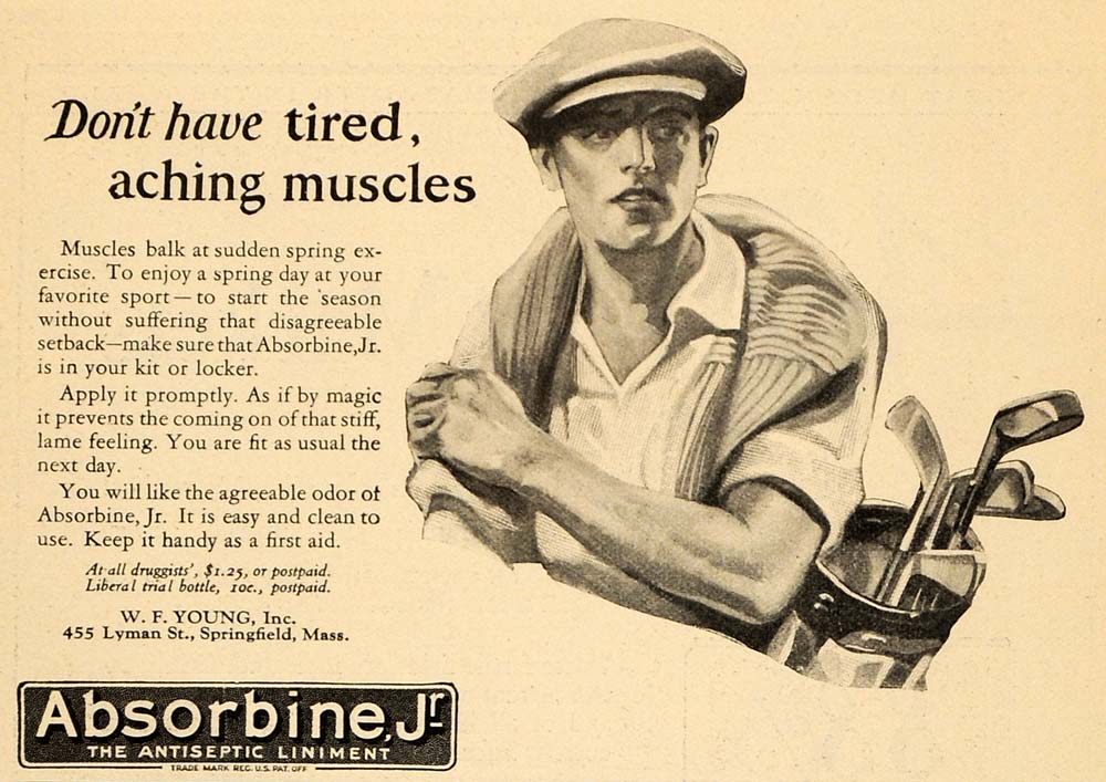 1924 Ad Absorbine Jr. Antiseptic Liniment Muscles Golf - ORIGINAL WW3