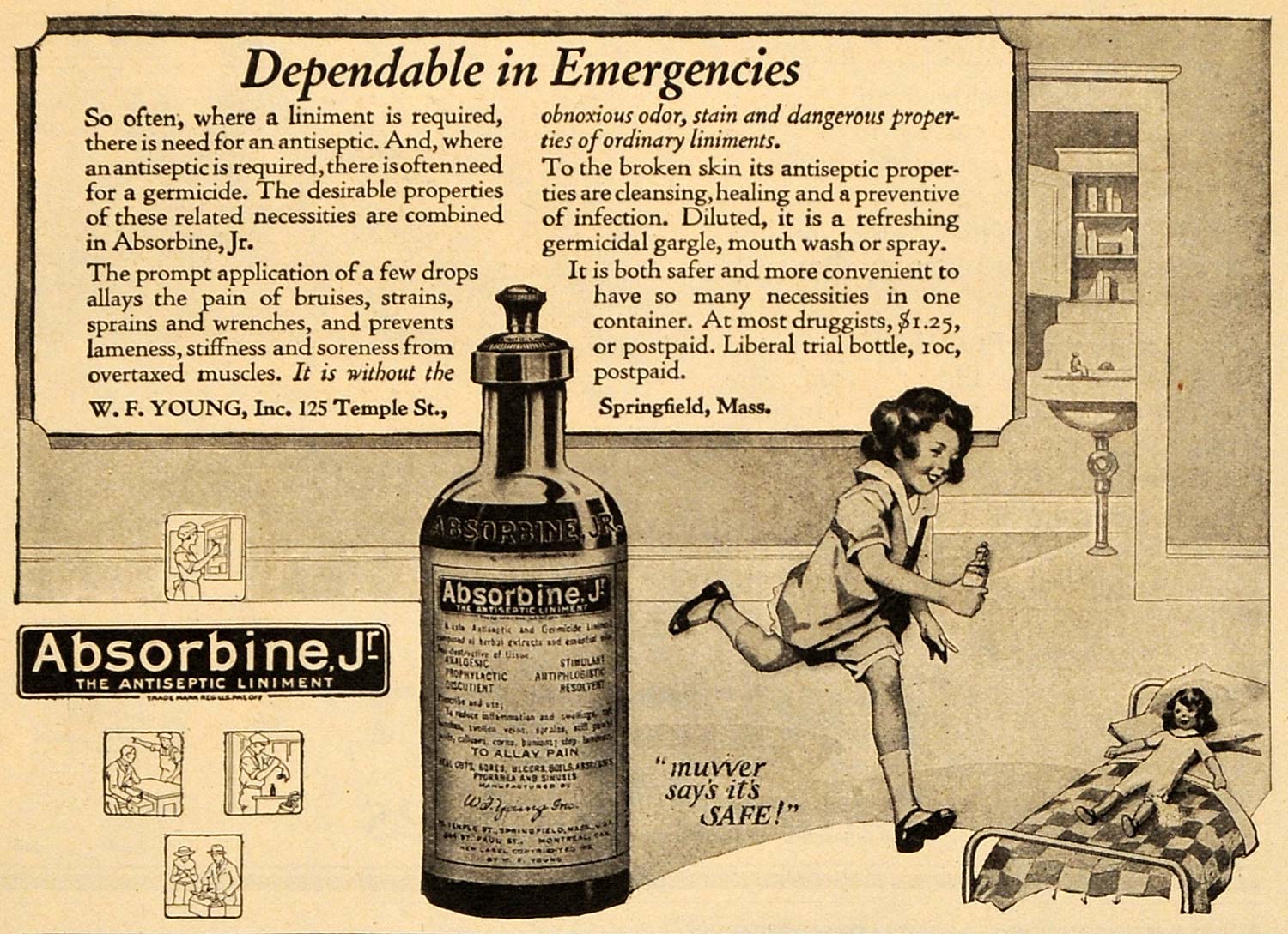 1922 Ad Absorbine Antiseptic Liniment Allay Pain Girl - ORIGINAL ADVERTISING WW3