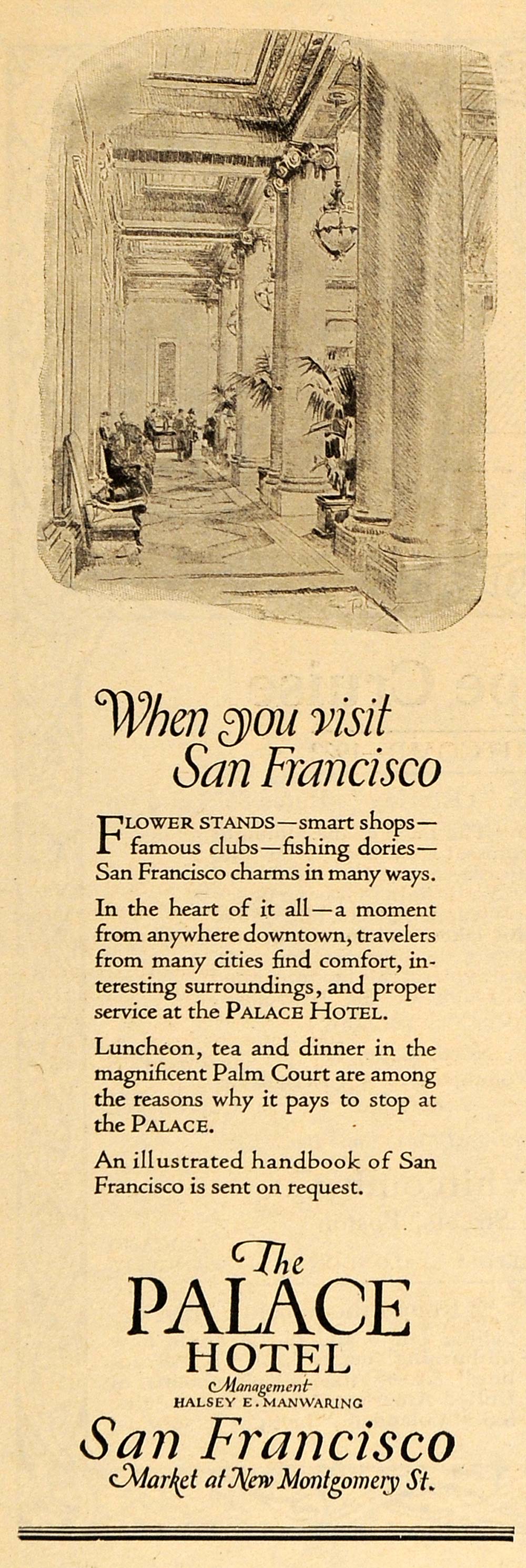1922 Ad Palace Hotel Manwaring San Francisco Vacation - ORIGINAL ADVERTISING WW3