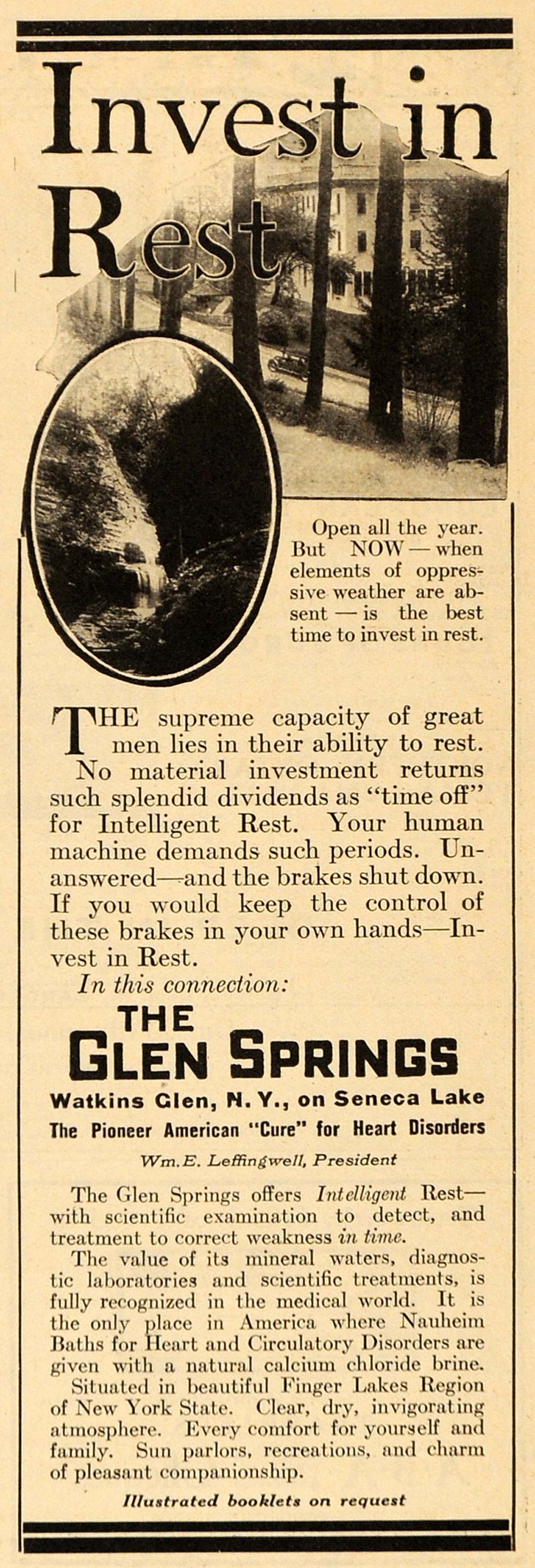 1922 Ad Invest Rest Glen Springs Seneca Heart Disorders - ORIGINAL WW3