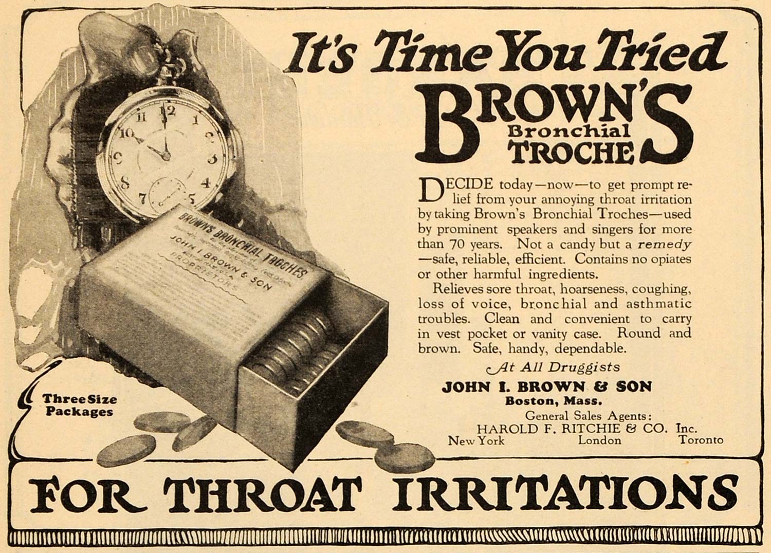 1924 Ad Browns Bronchial Troche Throat Irritations Safe - ORIGINAL WW3