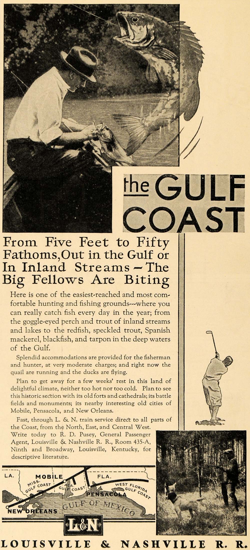 1929 Ad Gulf Coast Fishing Fisherman Hunting Railroad - ORIGINAL ADVERTISING WW3