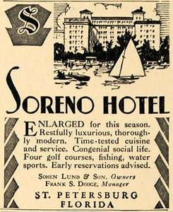 1929 Ad Soreno Hotel St Petersburg Florida Soren Lund - ORIGINAL ADVERTISING WW3