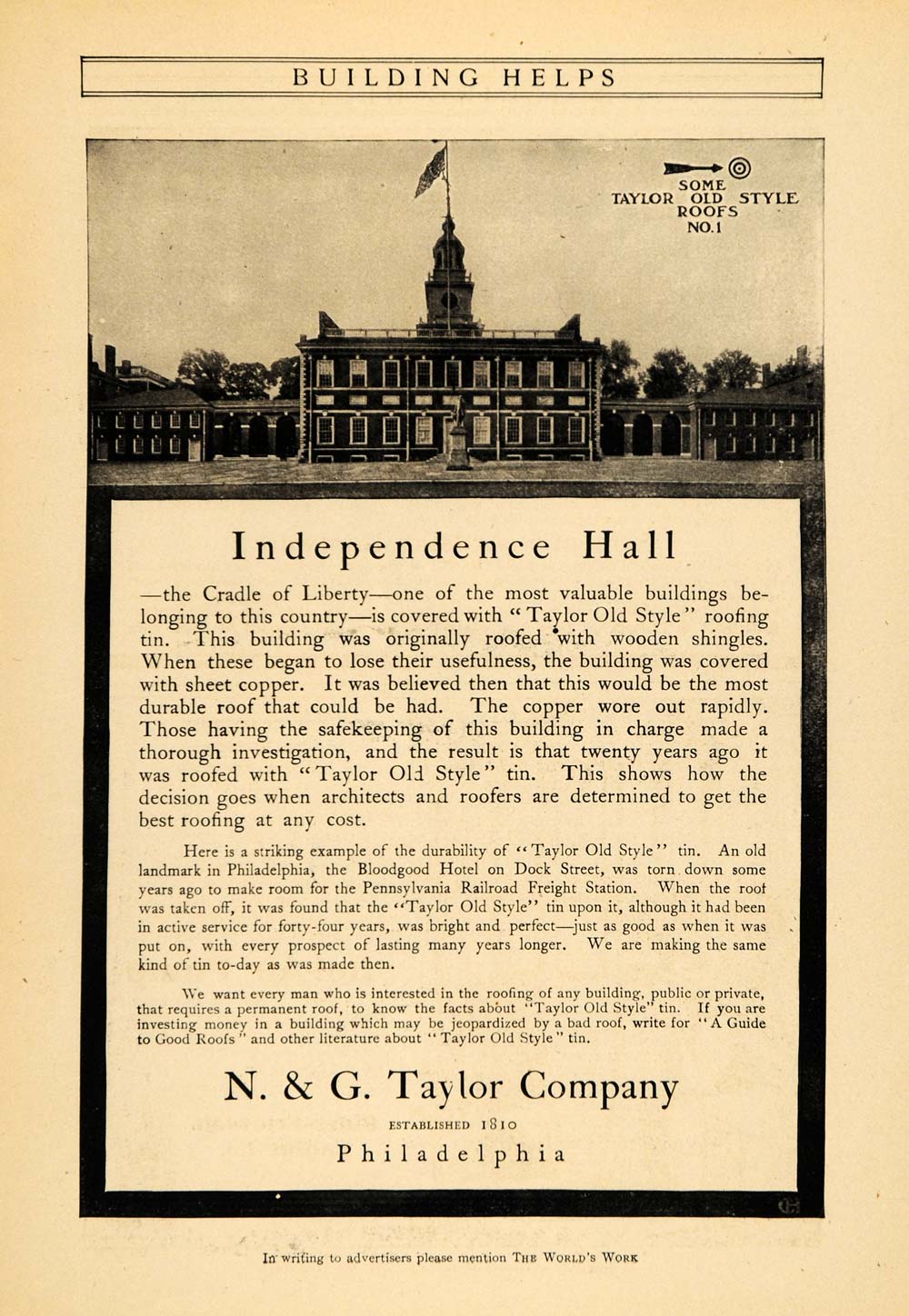1905 Ad N. G. Taylor Old Style Roofs Independence Hall - ORIGINAL WW3