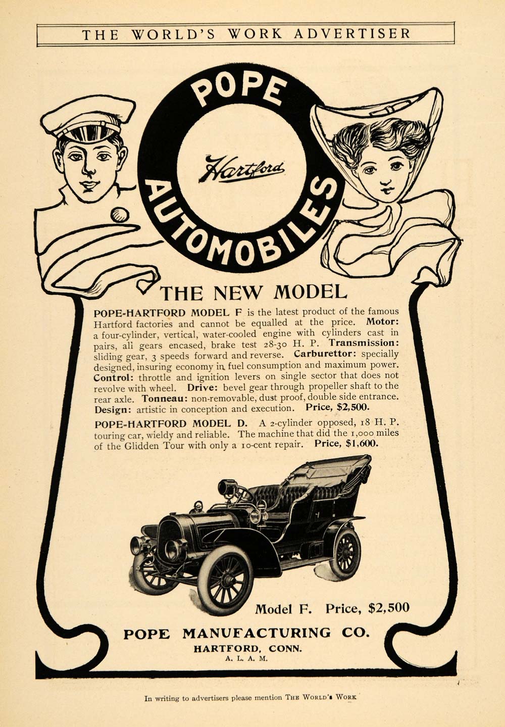 1905 Ad Pope Antique Automobiles Model F Tonneau Price - ORIGINAL WW3