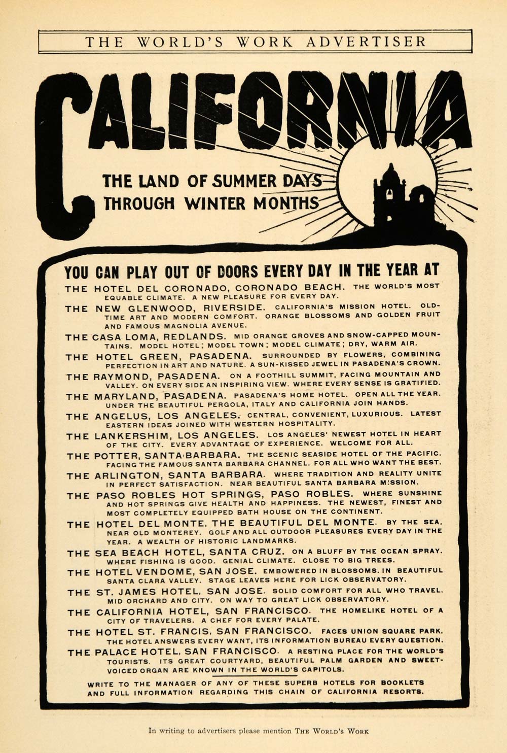 1905 Ad California Hotels Casa Loma Vendome St. James - ORIGINAL ADVERTISING WW3