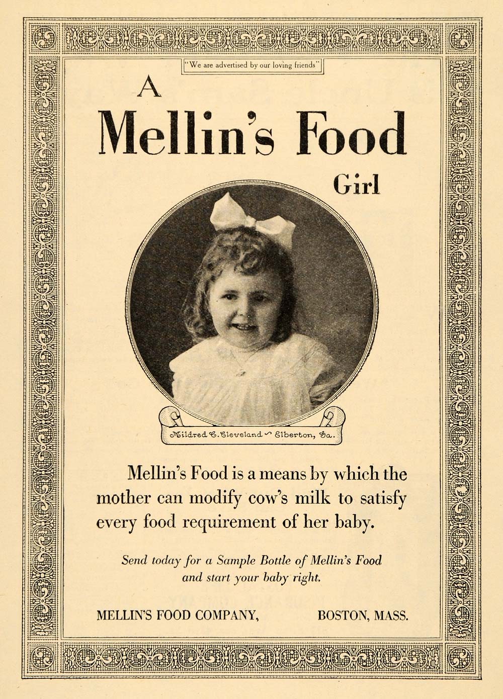 1919 Ad Mildred C Cleveland Elberton Mellins Food Baby ORIGINAL WW3