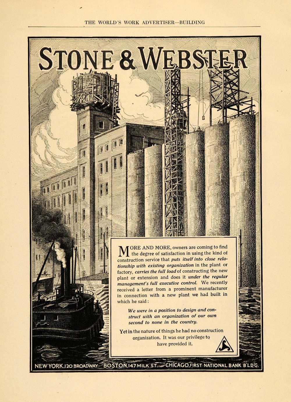 1919 Ad Stone Webster Construction Factory River Boat - ORIGINAL ADVERTISING WW3
