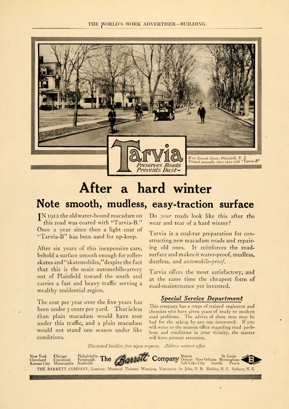 1919 Ad Barrett Tarvia West Seventh Street Plainfield - ORIGINAL ADVERTISING WW3