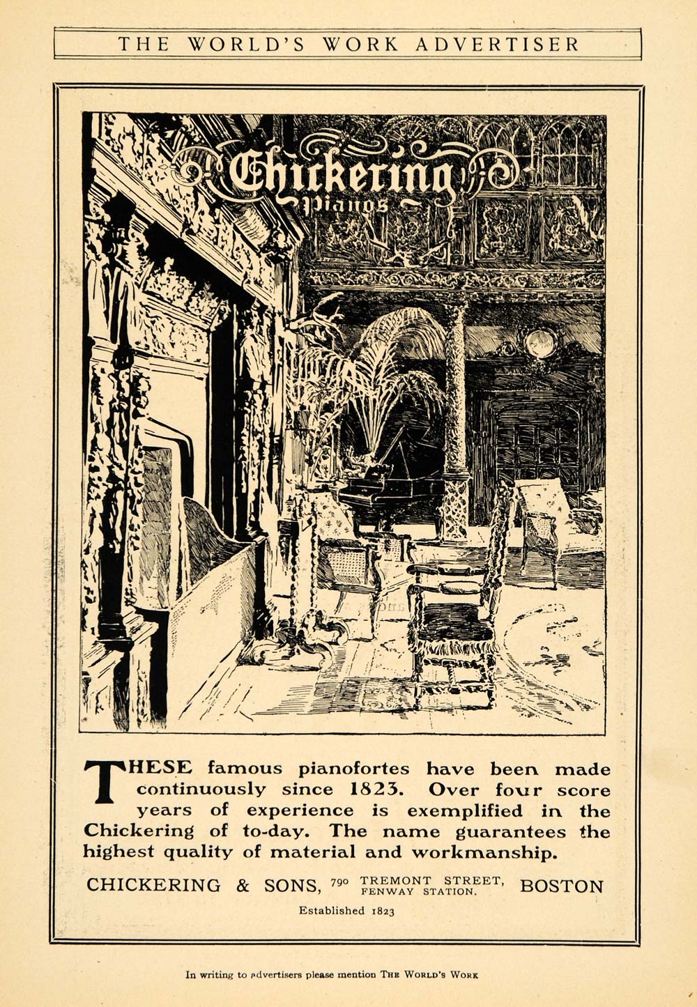 1906 Ad Chickering Pianoforte Musical Instrument Boston - ORIGINAL WW3