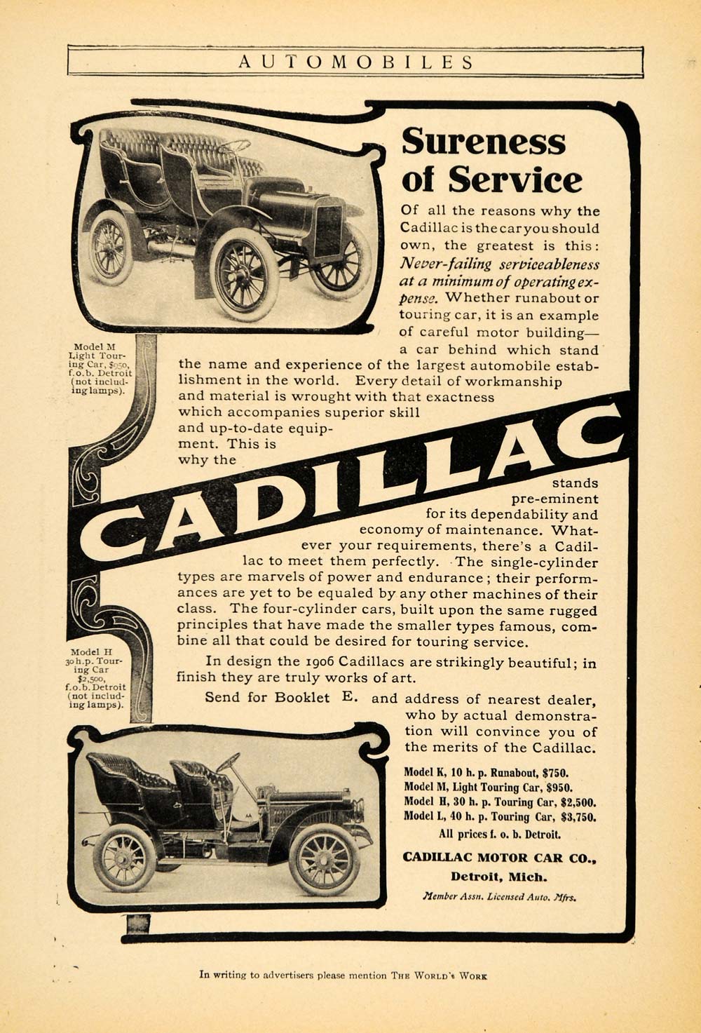1906 Ad Cadillac Motors Model M H Touring Cars Detroit - ORIGINAL WW3