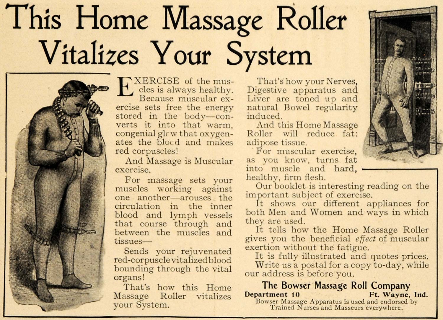 1905 Ad Bowser Home Massage Health Roller Vitalizer - ORIGINAL ADVERTISING WW3