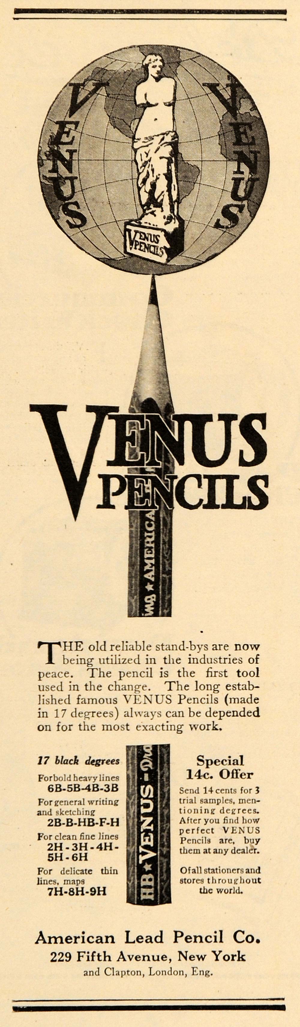 1919 Ad American Lead Venus Writing Pencil Globe Statue - ORIGINAL WW3