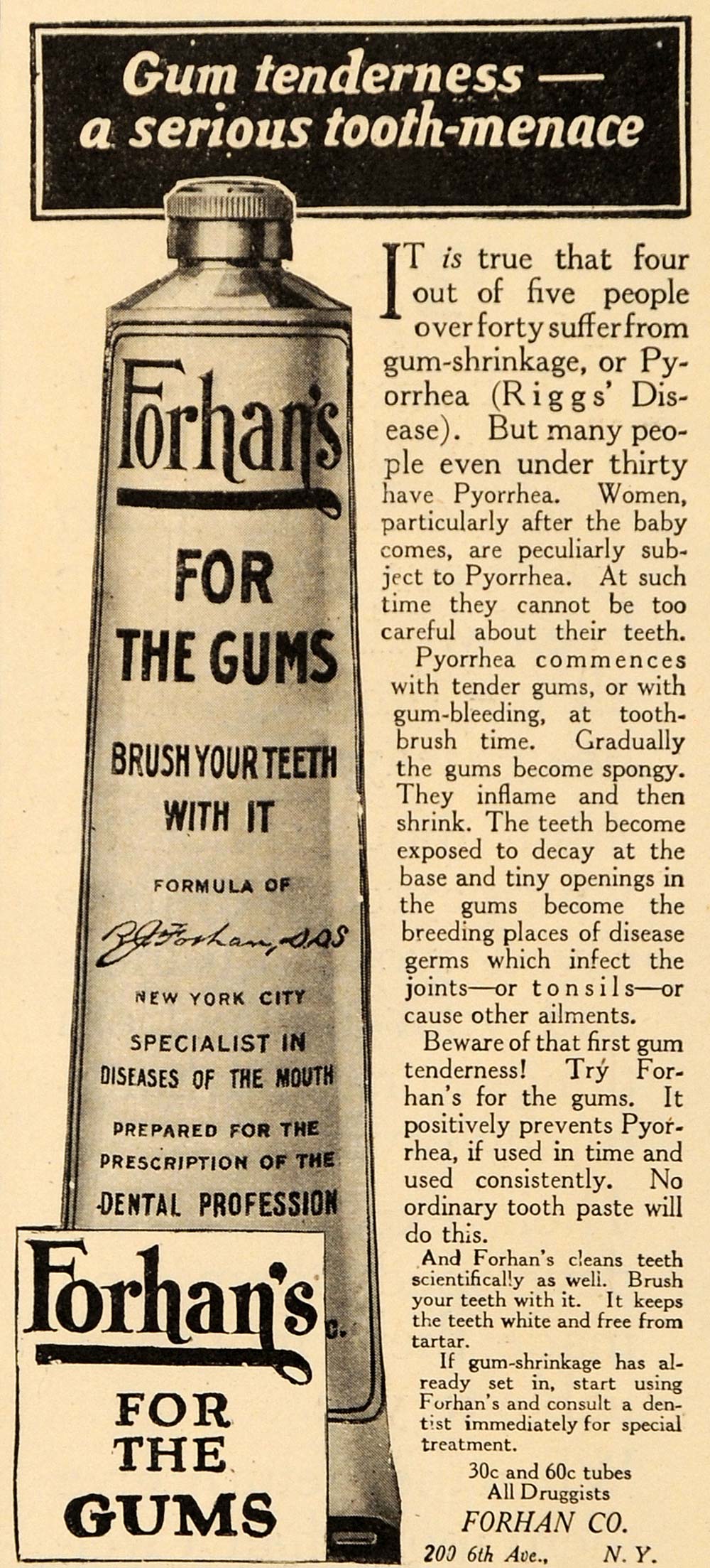 1919 Ad Forhan Gum Tenderness Care Toothpaste Hygiene - ORIGINAL ADVERTISING WW3
