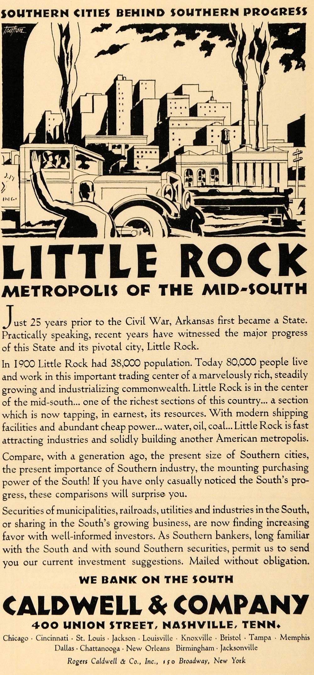 1930 Ad Caldwell Banking Little Rock Southern Growth - ORIGINAL ADVERTISING WW3
