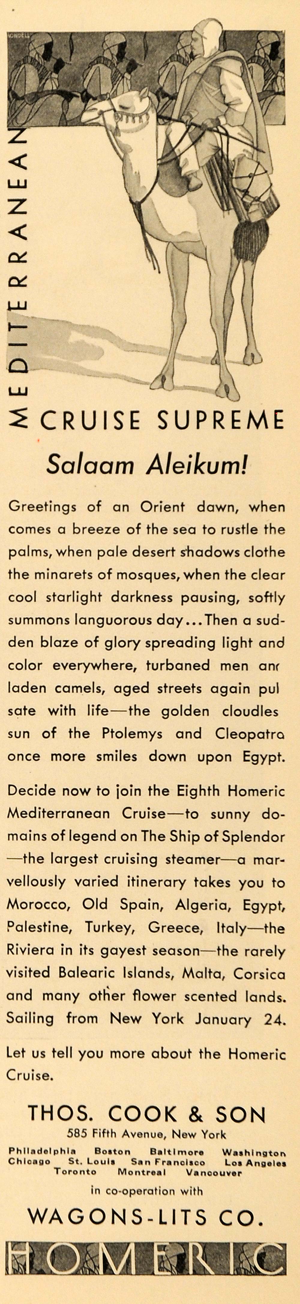 1930 Ad Thos. Cook Wagons-Lits Homeric Mediterranean - ORIGINAL ADVERTISING WW3