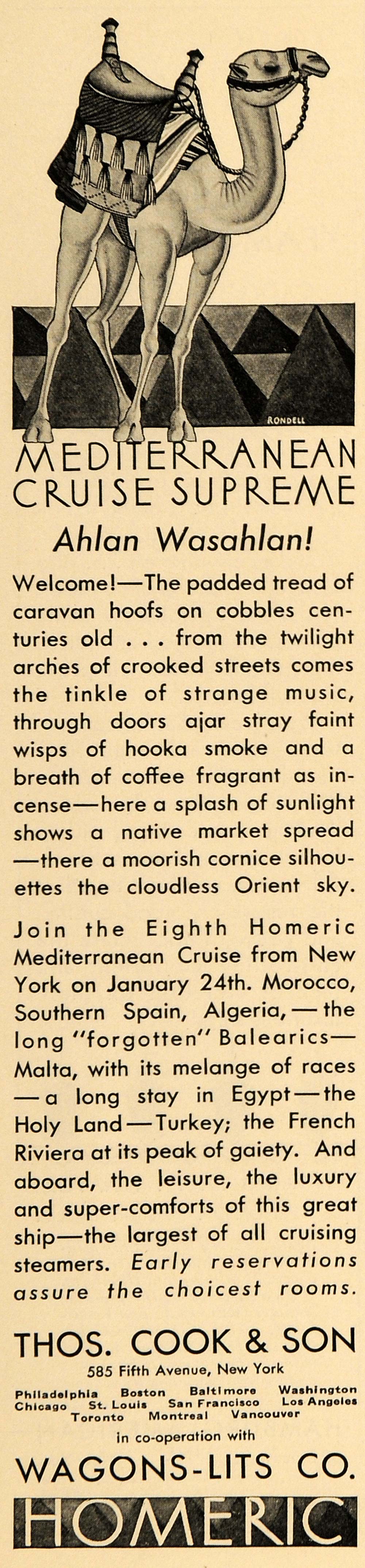 1930 Ad Thos. Cook Homeric Mediterranean Cruise Camel - ORIGINAL ADVERTISING WW3