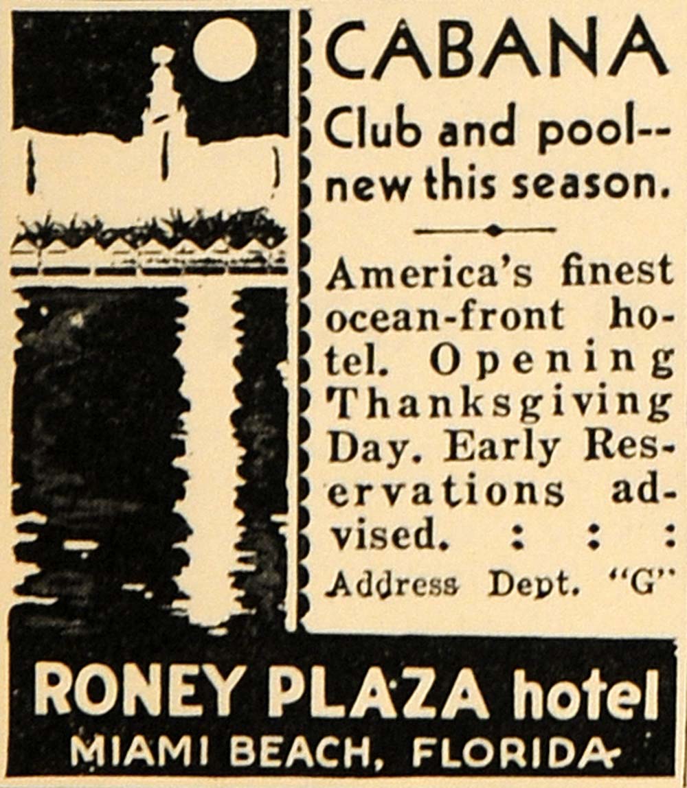 1930 Ad Roney Plaza Hotel Miami Beach Cabana Club Pool - ORIGINAL WW3