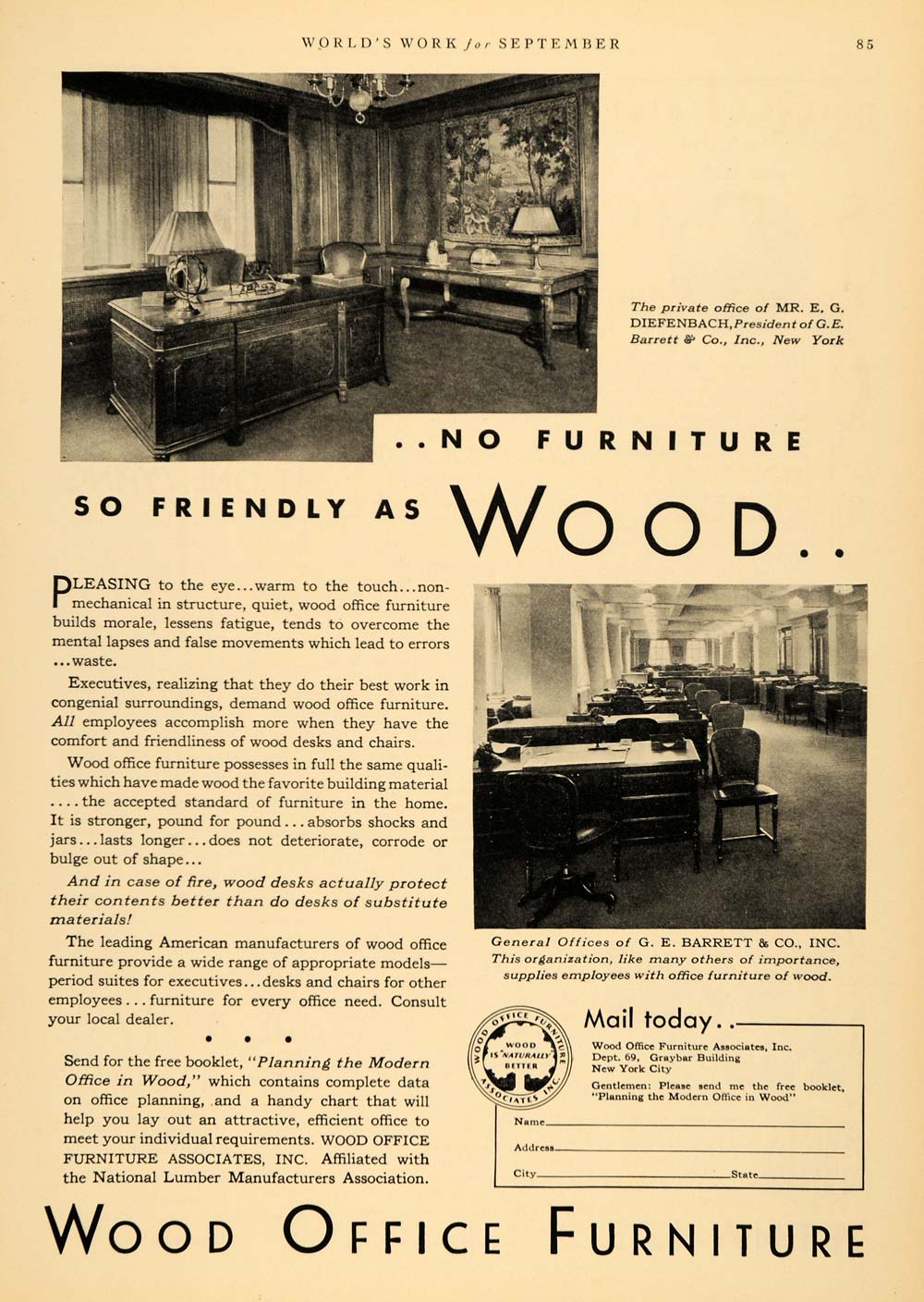 1930 Ad Wood Office Furniture G. E. Barrett New York - ORIGINAL ADVERTISING WW3