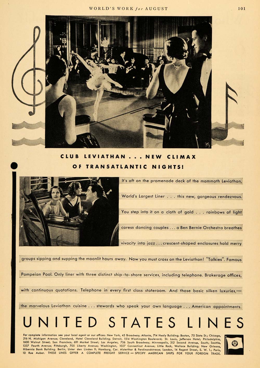 1930 Ad United States Cruise Lines Music Club Leviathan - ORIGINAL WW3