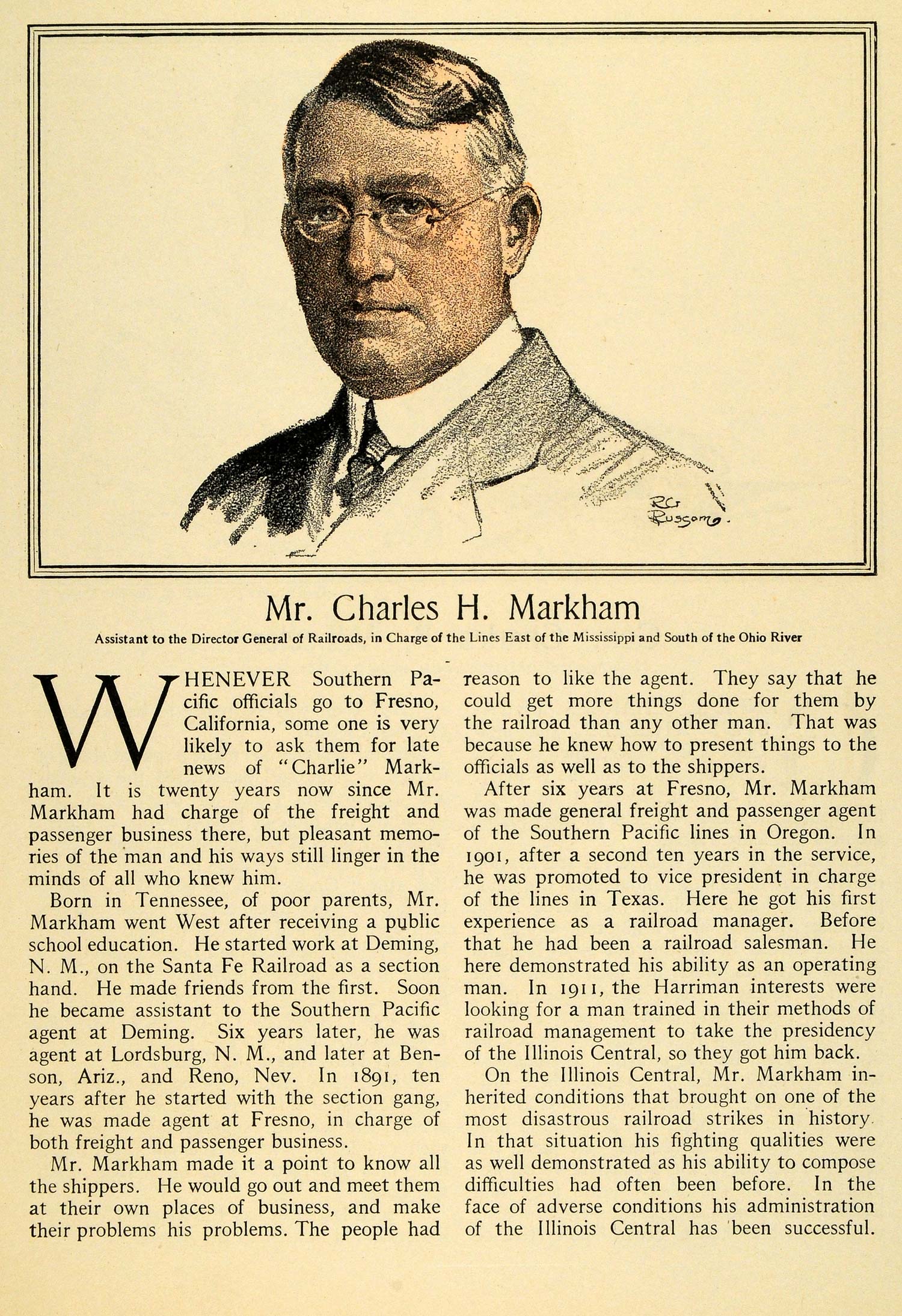 1918 Print Southern Pacific Railway Industry Charles H. Markham Portrait WW3