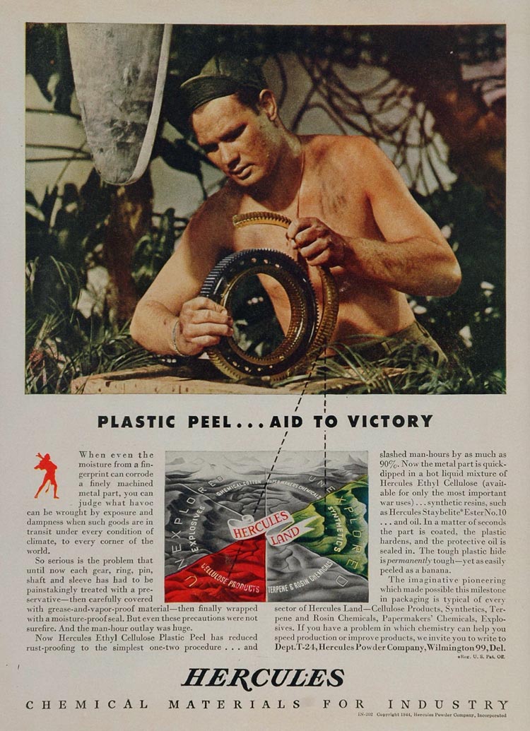 1944 Ad WWII Soldier GI Hercules Powder Plastic Peel - ORIGINAL ADVERTISING WWII